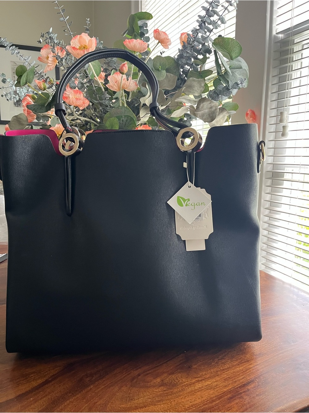 HR Black Vegan Leather Tote with Leopard Pouch NWT